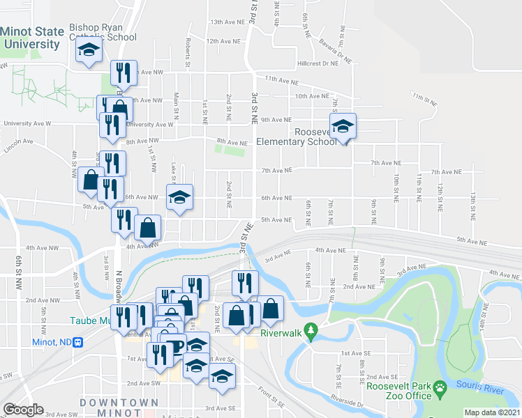map of restaurants, bars, coffee shops, grocery stores, and more near 411 5th Avenue Northeast in Minot