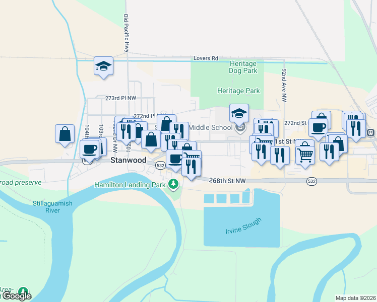 map of restaurants, bars, coffee shops, grocery stores, and more near 9728 270th Street Northwest in Stanwood