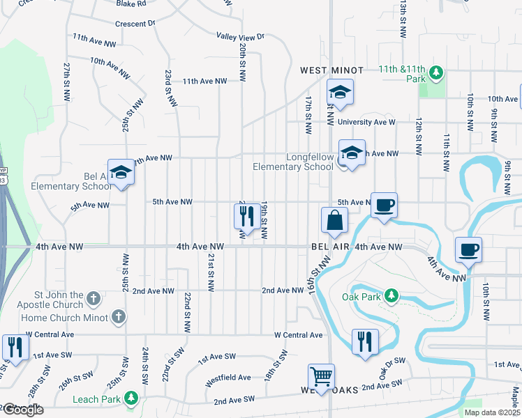 map of restaurants, bars, coffee shops, grocery stores, and more near 443 19th Street Northwest in Minot