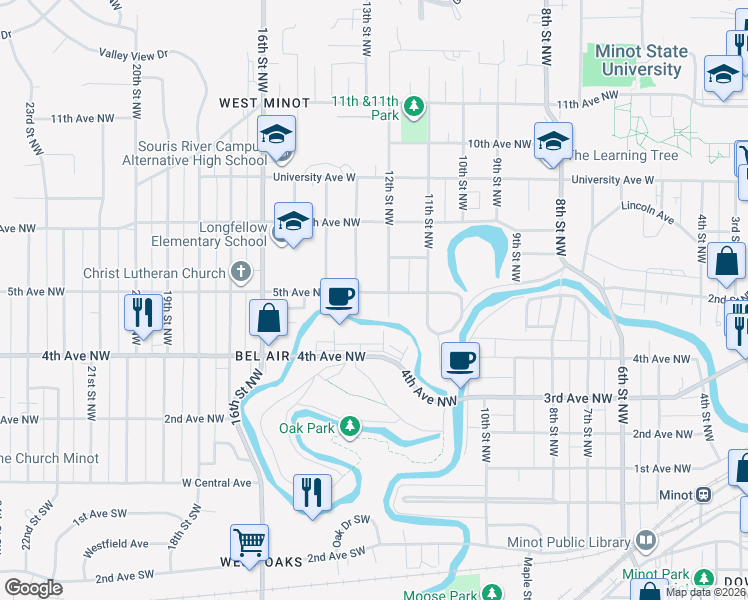 map of restaurants, bars, coffee shops, grocery stores, and more near 1211 5th Avenue Northwest in Minot
