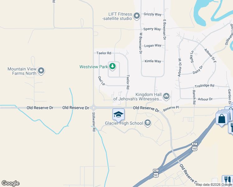 map of restaurants, bars, coffee shops, grocery stores, and more near 205 Sawyer Lane in Kalispell