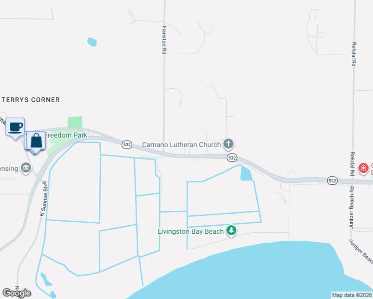 map of restaurants, bars, coffee shops, grocery stores, and more near 735 Washington 532 in Camano