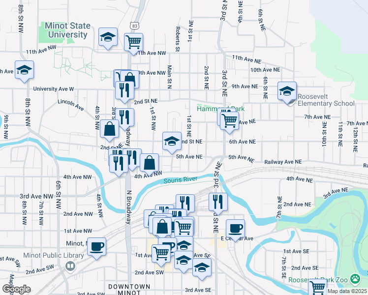 map of restaurants, bars, coffee shops, grocery stores, and more near 5 5th Avenue Northeast in Minot