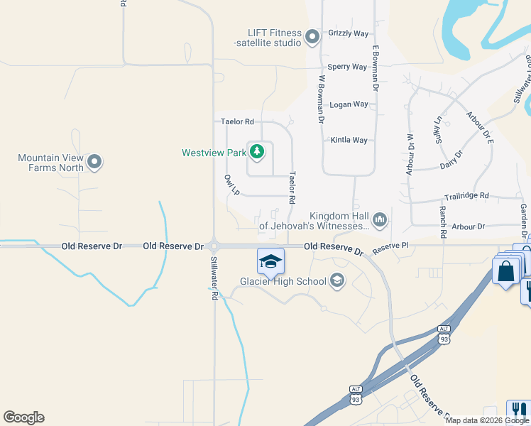 map of restaurants, bars, coffee shops, grocery stores, and more near 205 Sawyer Lane in Kalispell