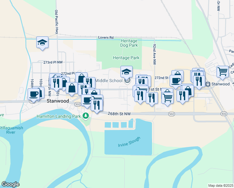 map of restaurants, bars, coffee shops, grocery stores, and more near 9522 271st Street Northwest in Stanwood