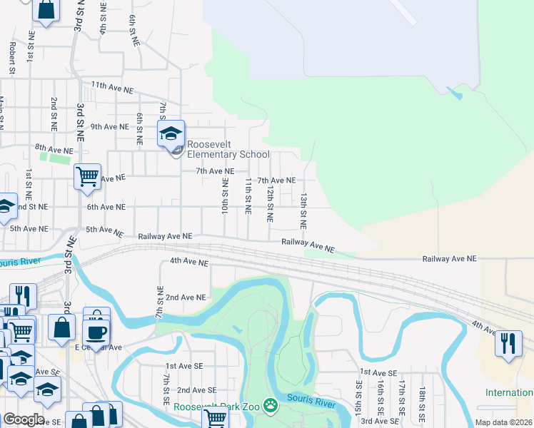 map of restaurants, bars, coffee shops, grocery stores, and more near 535 12th Street Northeast in Minot