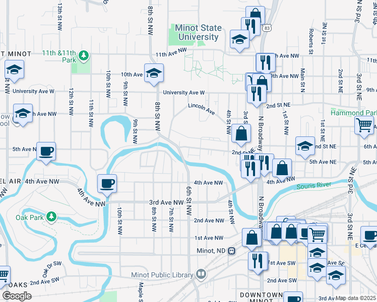 map of restaurants, bars, coffee shops, grocery stores, and more near 435 6th Street Northwest in Minot