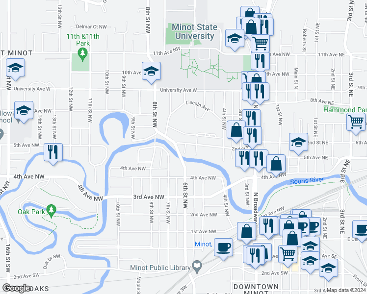map of restaurants, bars, coffee shops, grocery stores, and more near 435 6th Street Northwest in Minot