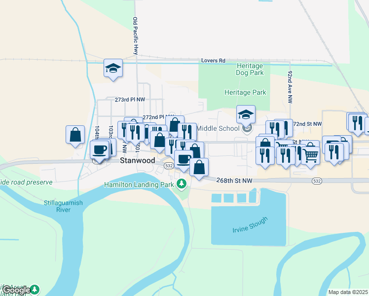 map of restaurants, bars, coffee shops, grocery stores, and more near 9901 270th Street Northwest in Stanwood