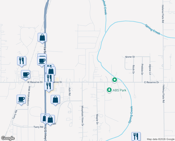 map of restaurants, bars, coffee shops, grocery stores, and more near 635 Mountain View Drive in Kalispell