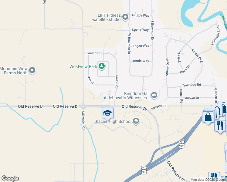 map of restaurants, bars, coffee shops, grocery stores, and more near 146 Taelor Road in Kalispell