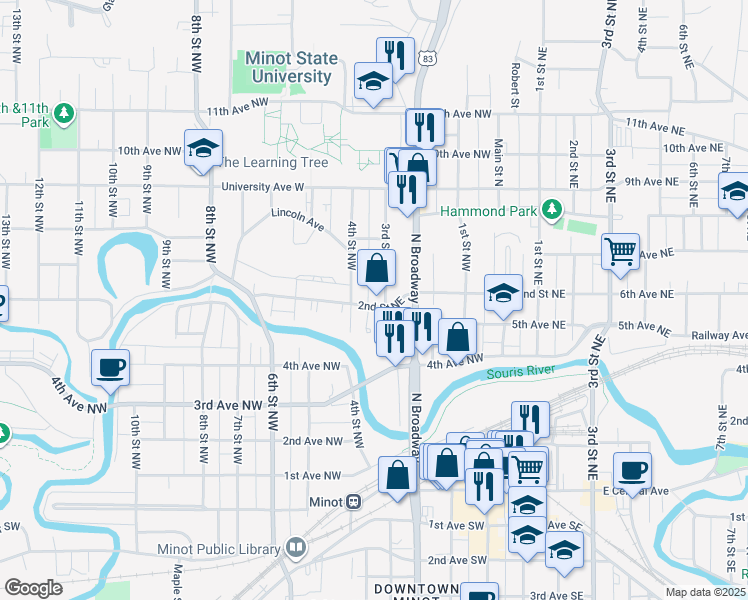 map of restaurants, bars, coffee shops, grocery stores, and more near 308 5th Avenue Northwest in Minot
