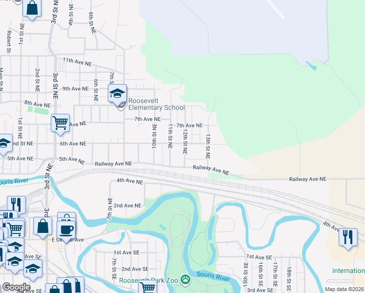 map of restaurants, bars, coffee shops, grocery stores, and more near 1120 6th Avenue Northeast in Minot