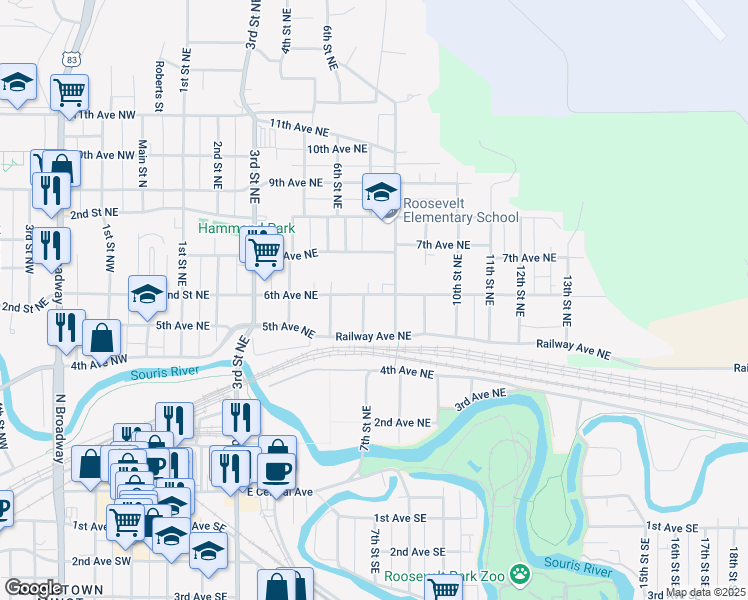 map of restaurants, bars, coffee shops, grocery stores, and more near 520 7th Street Northeast in Minot