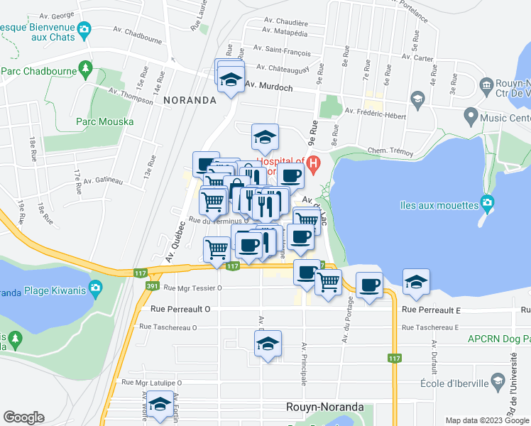 map of restaurants, bars, coffee shops, grocery stores, and more near 35 Avenue Dallaire in Rouyn-Noranda