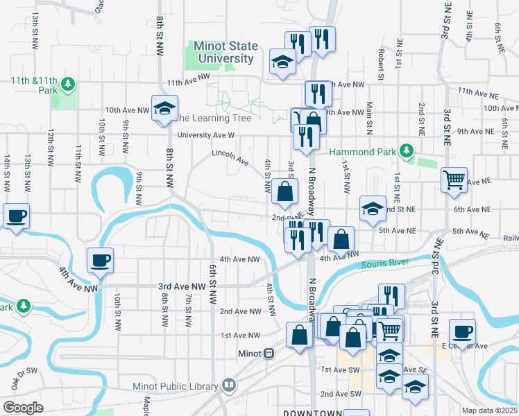 map of restaurants, bars, coffee shops, grocery stores, and more near 407 5th Avenue Northwest in Minot
