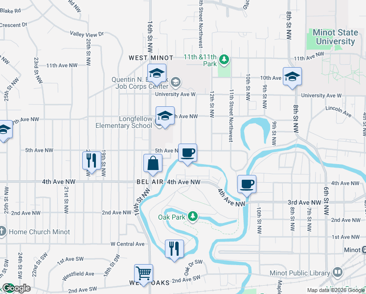 map of restaurants, bars, coffee shops, grocery stores, and more near 500 14th Street Northwest in Minot