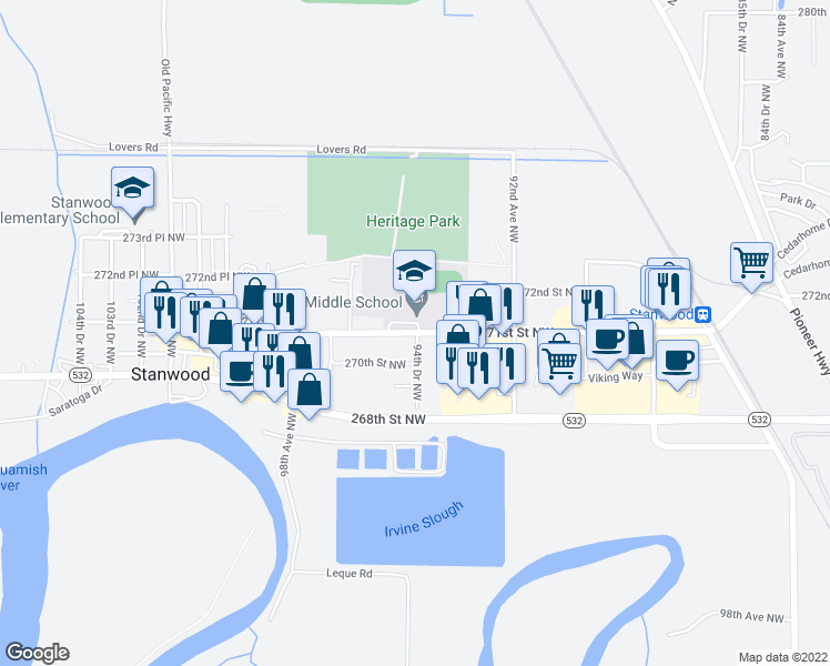 map of restaurants, bars, coffee shops, grocery stores, and more near 9405 271st St NW in Stanwood