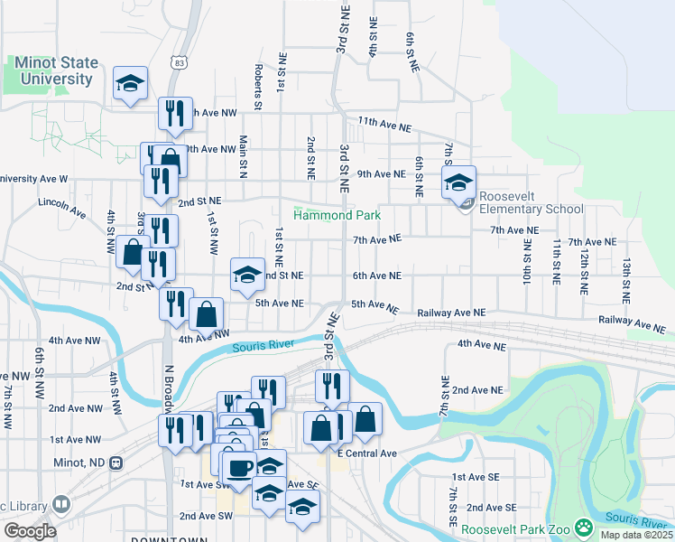 map of restaurants, bars, coffee shops, grocery stores, and more near 411 5th Avenue Northeast in Minot