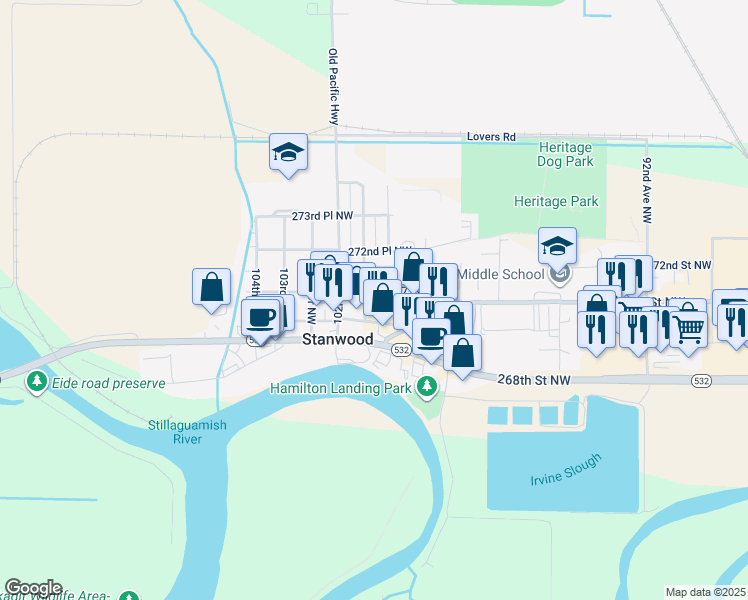 map of restaurants, bars, coffee shops, grocery stores, and more near 10008 270th Street Northwest in Stanwood