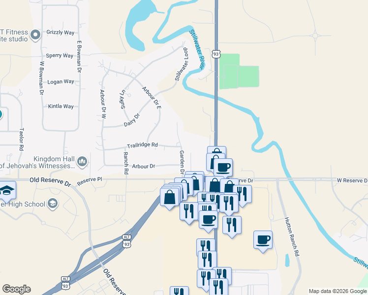 map of restaurants, bars, coffee shops, grocery stores, and more near 119 Garden Drive in Kalispell