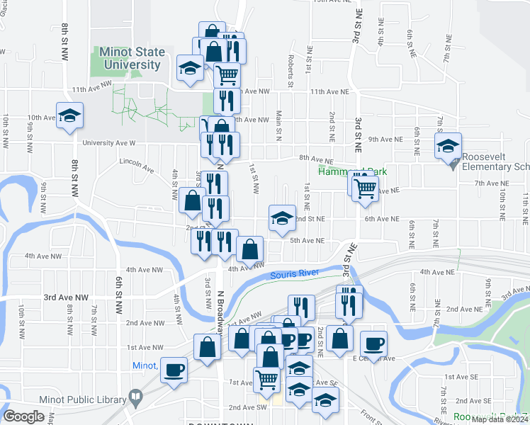 map of restaurants, bars, coffee shops, grocery stores, and more near 622 1st Street Northwest in Minot