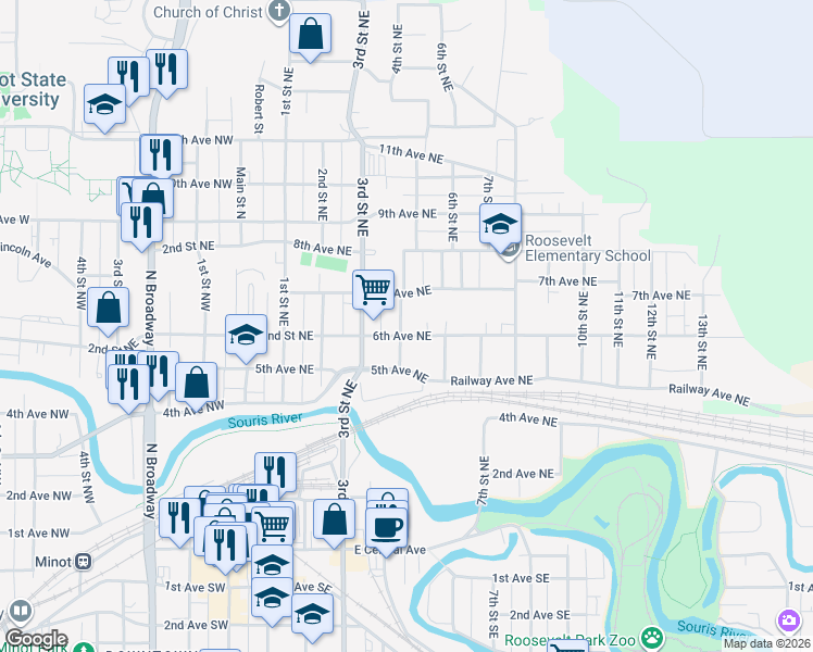 map of restaurants, bars, coffee shops, grocery stores, and more near 630 4th Street Northeast in Minot