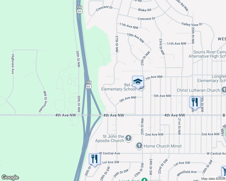 map of restaurants, bars, coffee shops, grocery stores, and more near 524 27th Street Northwest in Minot