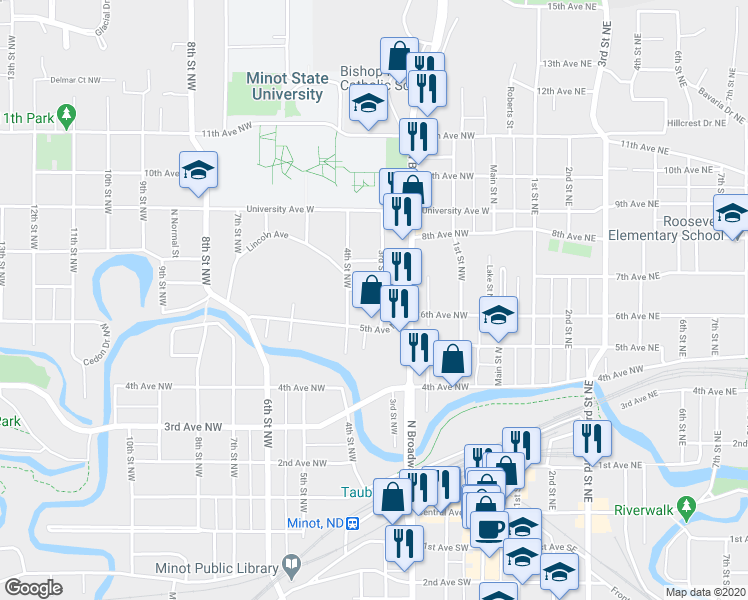 map of restaurants, bars, coffee shops, grocery stores, and more near 607A 3rd Street Northwest in Minot