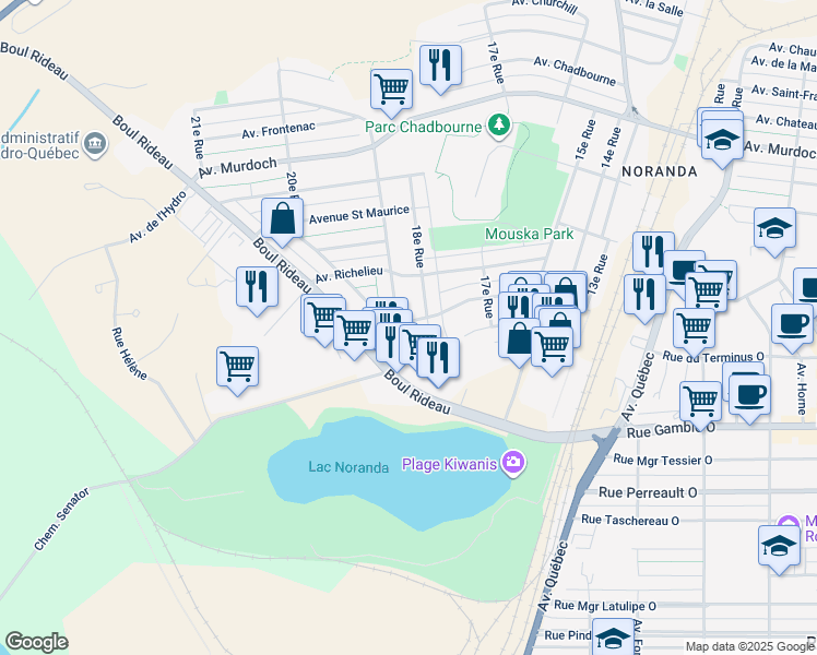 map of restaurants, bars, coffee shops, grocery stores, and more near 124 Avenue Gatineau in Rouyn-Noranda