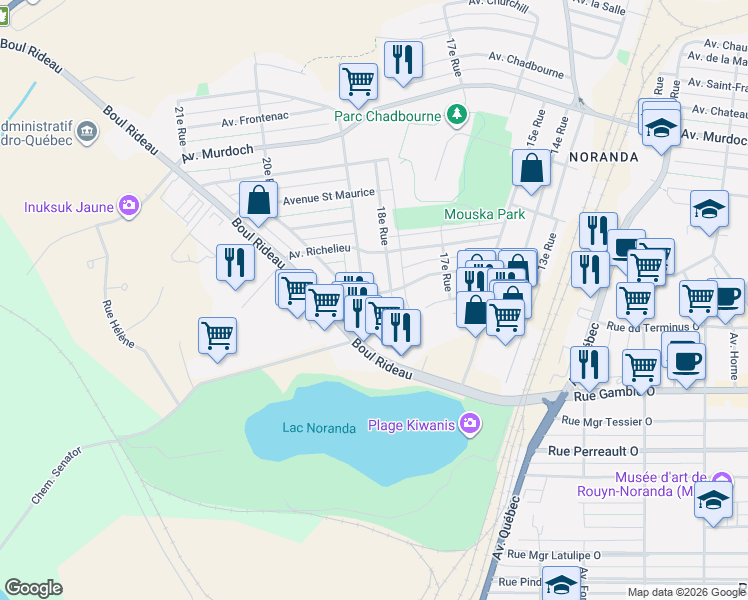 map of restaurants, bars, coffee shops, grocery stores, and more near 124 Avenue Gatineau in Rouyn-Noranda