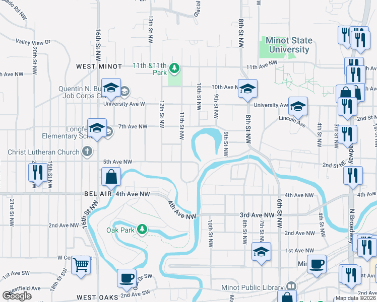 map of restaurants, bars, coffee shops, grocery stores, and more near 600 11th Street Northwest in Minot