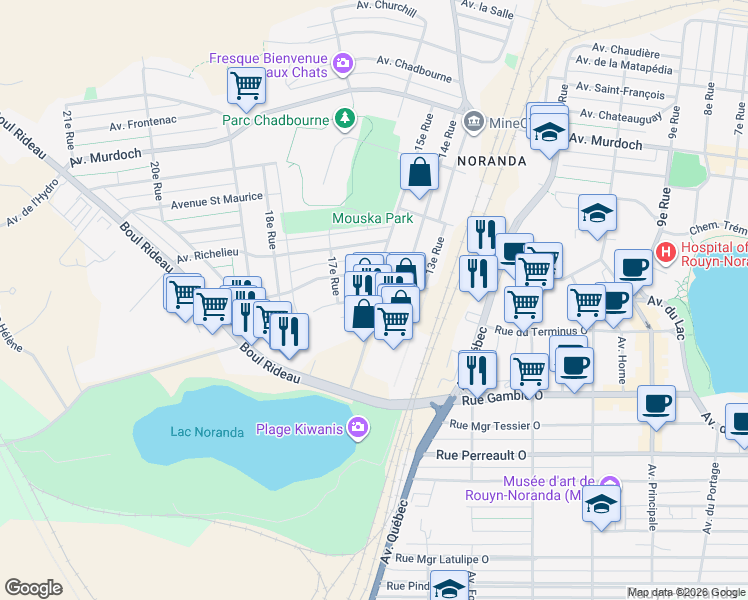 map of restaurants, bars, coffee shops, grocery stores, and more near 11 Avenue Laval in Rouyn-Noranda