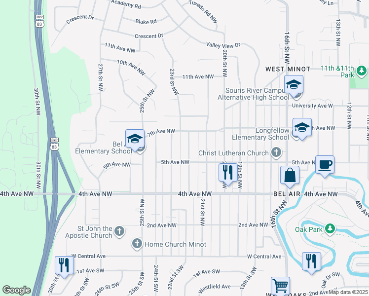 map of restaurants, bars, coffee shops, grocery stores, and more near 605 22nd Street Northwest in Minot