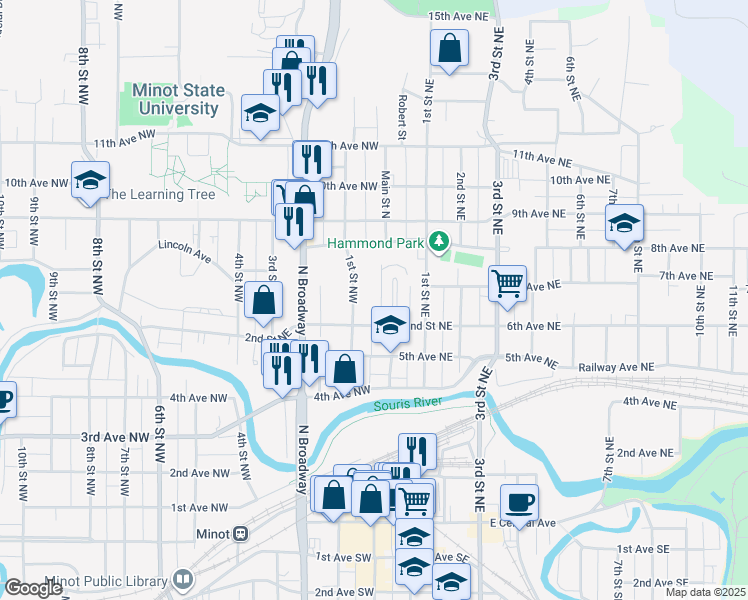 map of restaurants, bars, coffee shops, grocery stores, and more near 622 1st Street Northwest in Minot