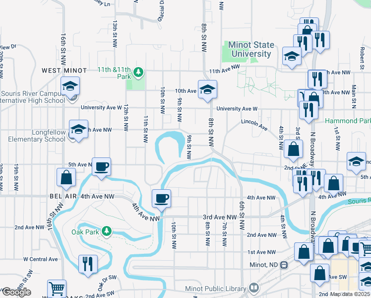 map of restaurants, bars, coffee shops, grocery stores, and more near 601 9th Street Northwest in Minot
