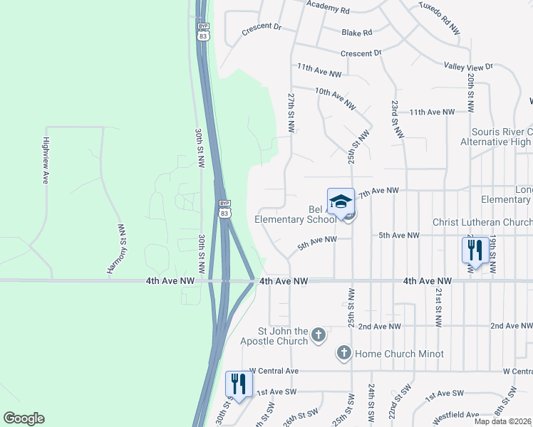 map of restaurants, bars, coffee shops, grocery stores, and more near 524 27th Street Northwest in Minot