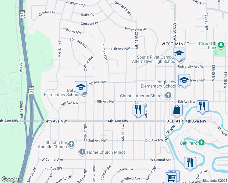 map of restaurants, bars, coffee shops, grocery stores, and more near 605 22nd Street Northwest in Minot