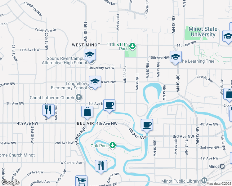 map of restaurants, bars, coffee shops, grocery stores, and more near 522 13th Street Northwest in Minot
