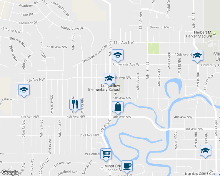 map of restaurants, bars, coffee shops, grocery stores, and more near 612-698 16th Street Northwest in Minot