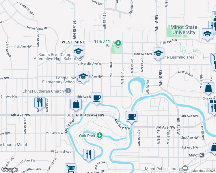 map of restaurants, bars, coffee shops, grocery stores, and more near 522 13th Street Northwest in Minot