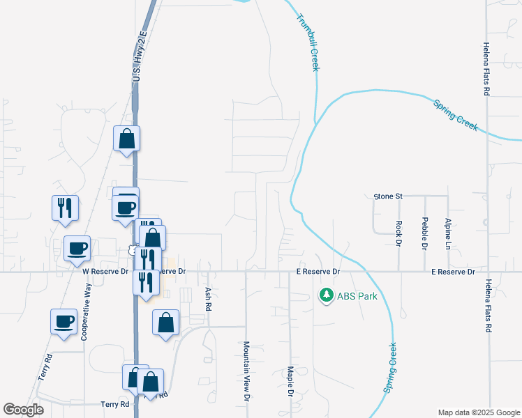 map of restaurants, bars, coffee shops, grocery stores, and more near 723 Mountain View Drive in Evergreen