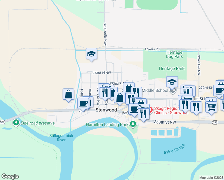 map of restaurants, bars, coffee shops, grocery stores, and more near 27122 101st Avenue Northwest in Stanwood