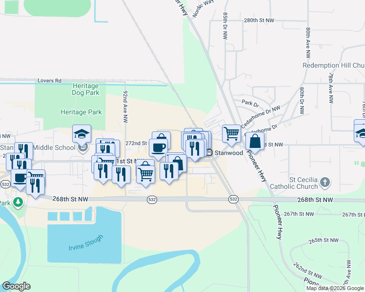 map of restaurants, bars, coffee shops, grocery stores, and more near 8801 272nd Street Northwest in Stanwood
