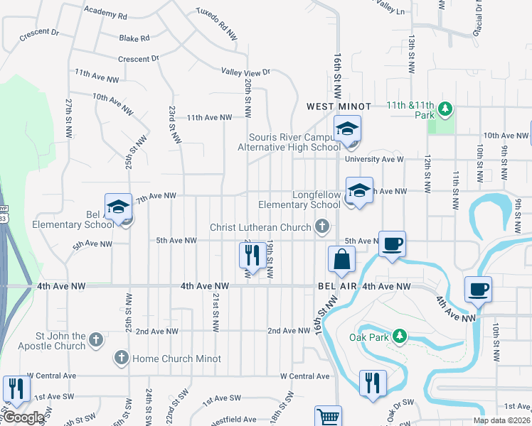 map of restaurants, bars, coffee shops, grocery stores, and more near 605 19th Street Northwest in Minot