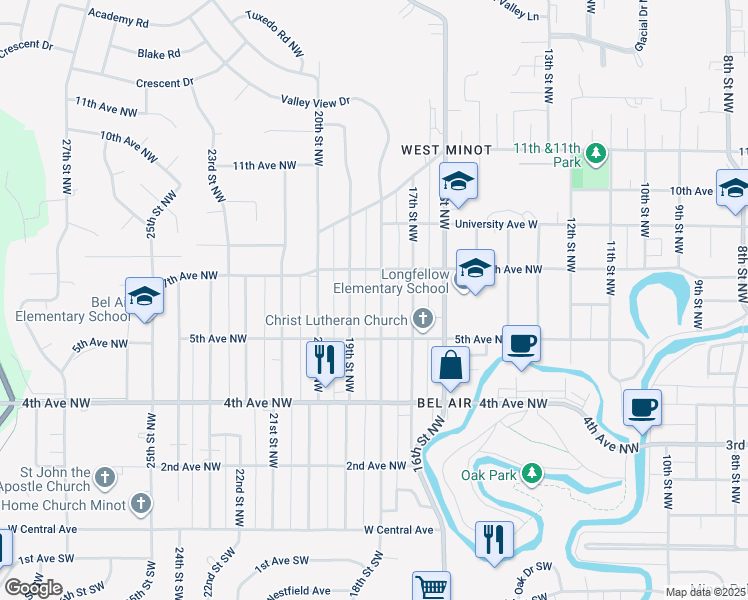 map of restaurants, bars, coffee shops, grocery stores, and more near 605 18th Street Northwest in Minot