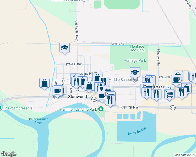 map of restaurants, bars, coffee shops, grocery stores, and more near 9910 272nd Street Northwest in Stanwood
