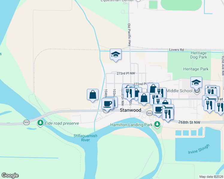 map of restaurants, bars, coffee shops, grocery stores, and more near 27124 103rd Drive Northwest in Stanwood