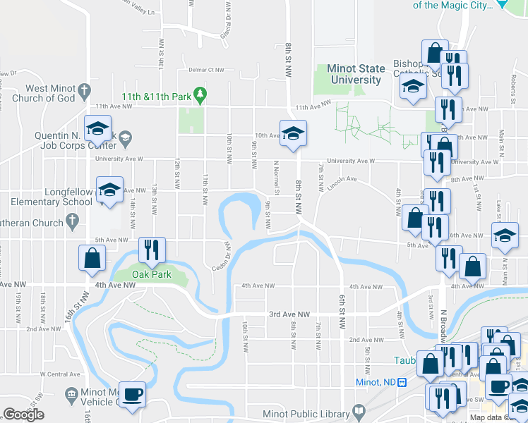 map of restaurants, bars, coffee shops, grocery stores, and more near 601 9th Street Northwest in Minot