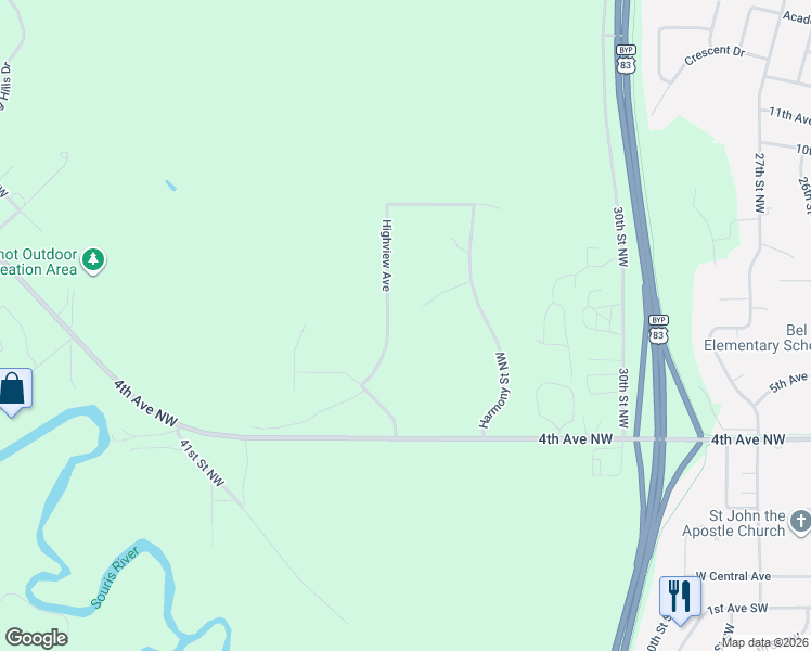 map of restaurants, bars, coffee shops, grocery stores, and more near Harmony Court in Minot